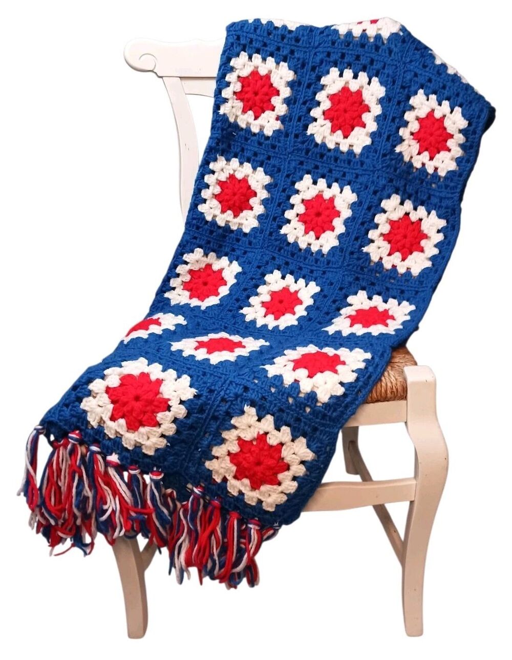 Vintage Hand Crochet GRANNY SQUARE Afghan Throw Blanket PATRIOTIC Red White Blue